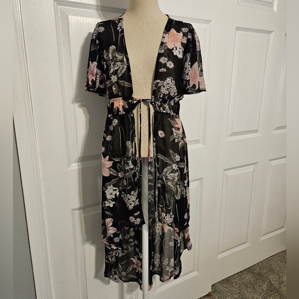 Lily White Black Robe with Floral Pattern